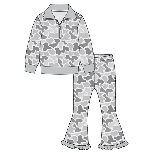 Baby Girls Grey Camo Zip Pullovers Bell Bottom Pants Preorder