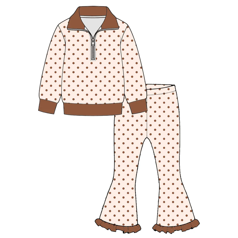 Preorder moq 5 Baby Girls Brown Polka Dots Zip Pullovers Bell Bottom Pants Outfits