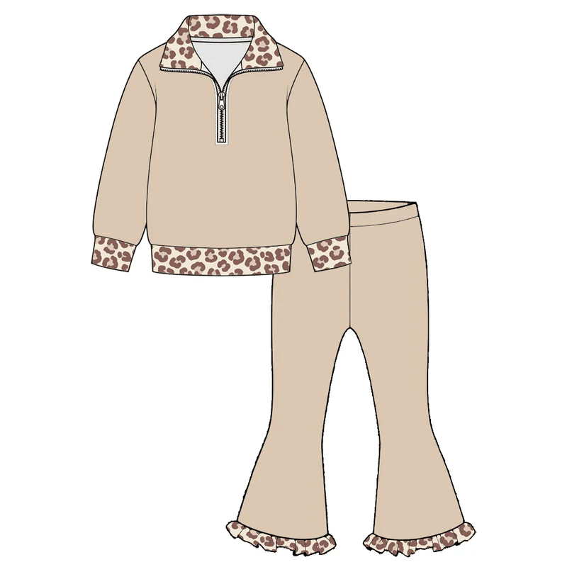 Preorder moq 5 Baby Girls Khaki Leopard Zip Pullovers Bell Bottom Pants Outfits