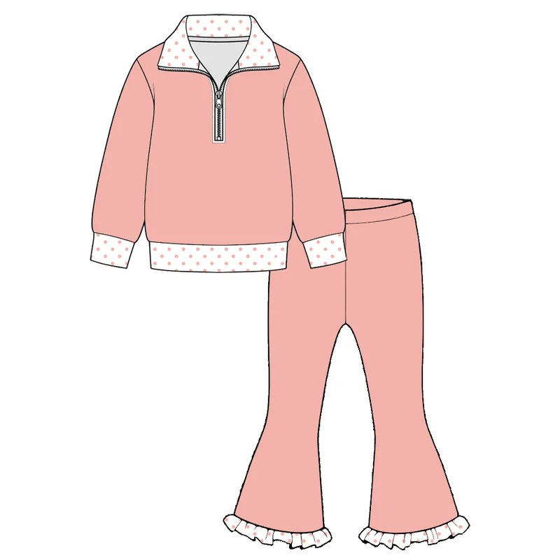 Preorder moq 5 Baby Girls Pink Zip Pullovers Bell Bottom Pants Outfits