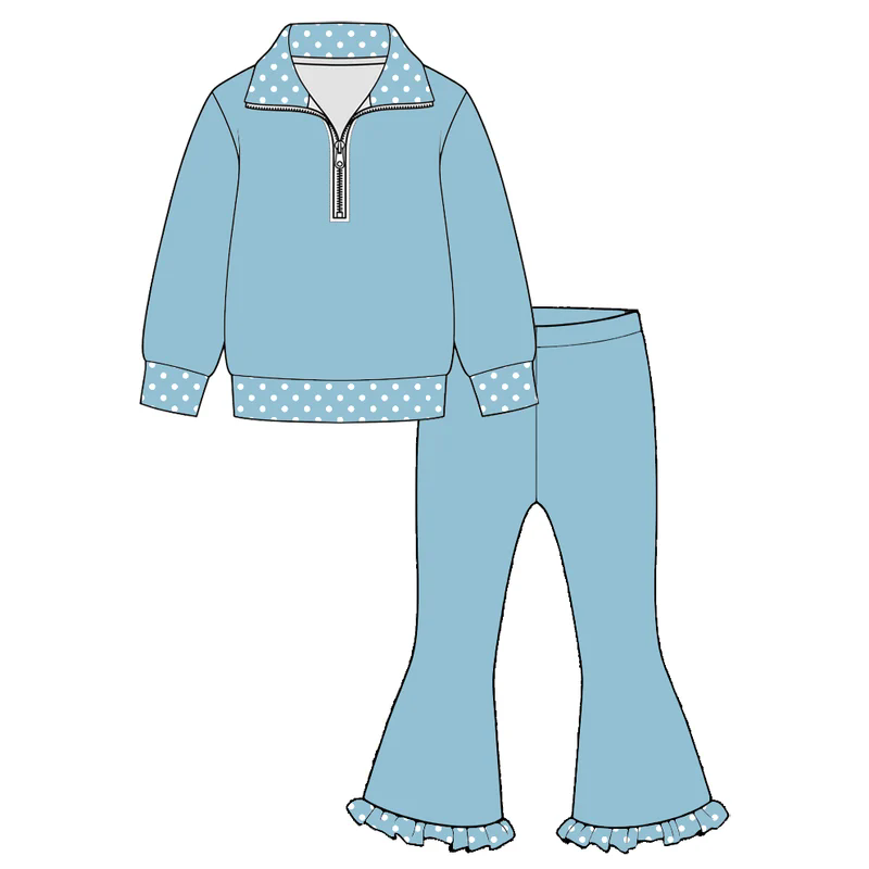 Preorder moq 5 Baby Girls Blue Zip Pullovers Bell Bottom Pants Outfits