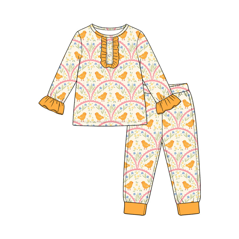 Baby Girls Flowers Chicks Button Top Pant Easter Pajamas Sets Preorder