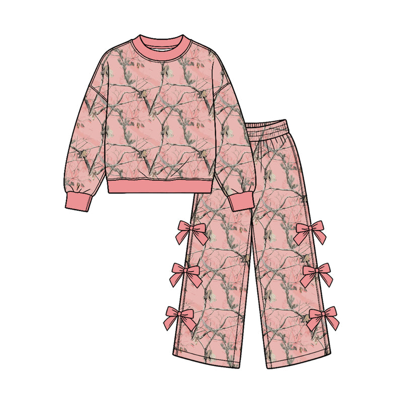 Baby Girls Pink Leaves Camo Top Bows Flare Pant Clothes Sets Preorder