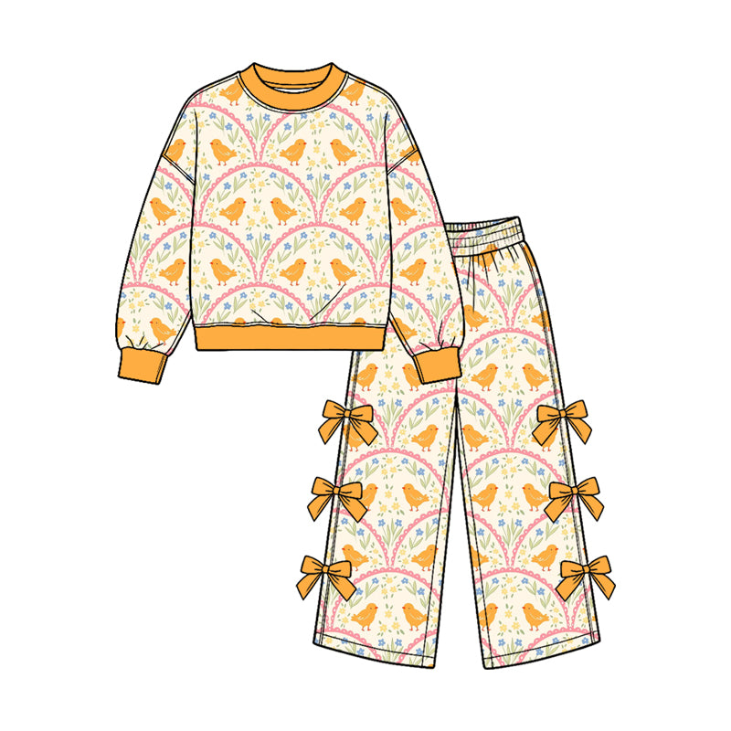 Baby Girls Flowers Chicks Top Bows Flare Pant Easter Clothes Sets Preorder