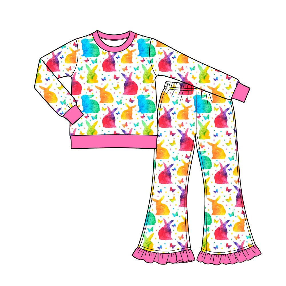 Baby Girls Watercolor Rabbits Butterfly Top Ruffle Pant Easter Clothes Sets Preorder