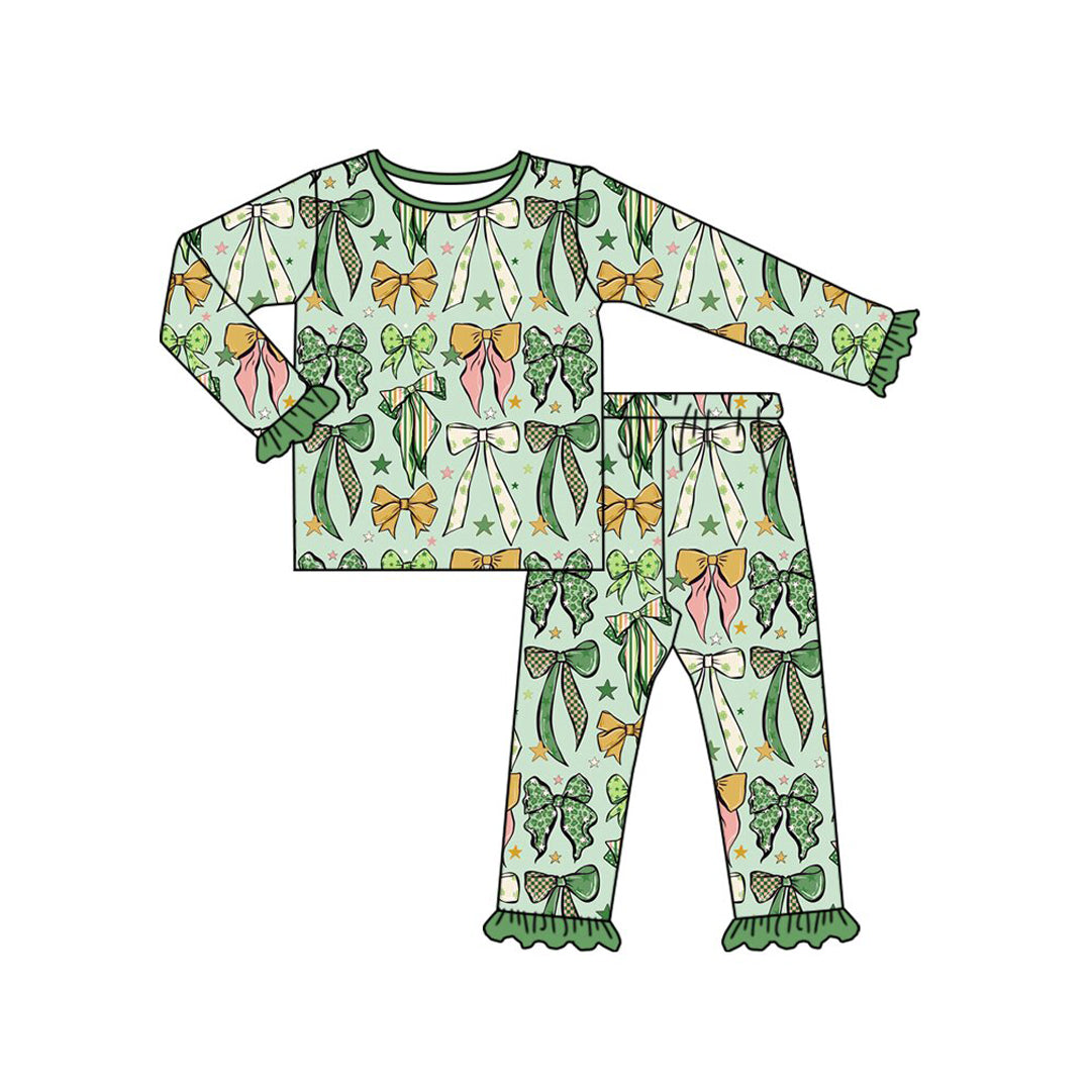 Baby Girls Clovers Bows Top Ruffle Pant St Patrick Pajamas Sets Preorder