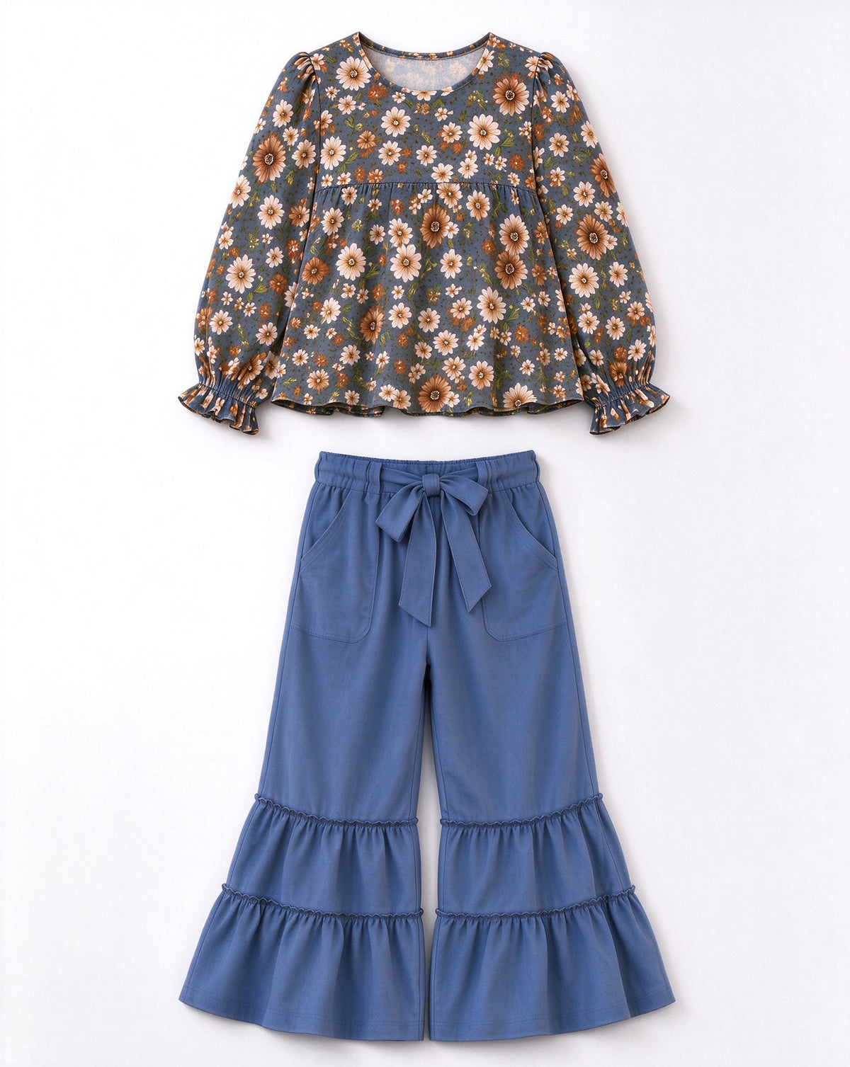 Baby Girls Small Daisy Flowers Top Pockets Bell Bottom Pant Fall Clothes Set Preorder