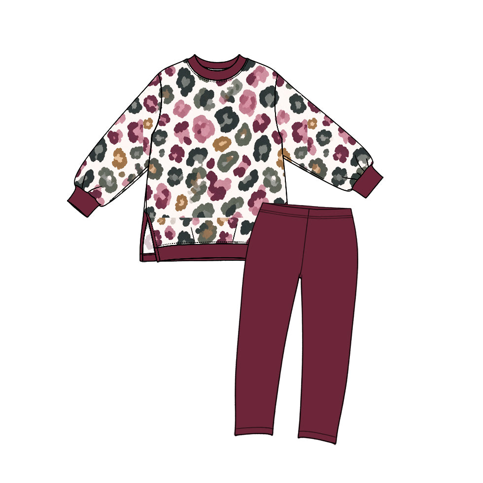 Preorder moq 5 Baby Girls Maroon Green Leopard Top Leggings Yoga Active Clothes Sets