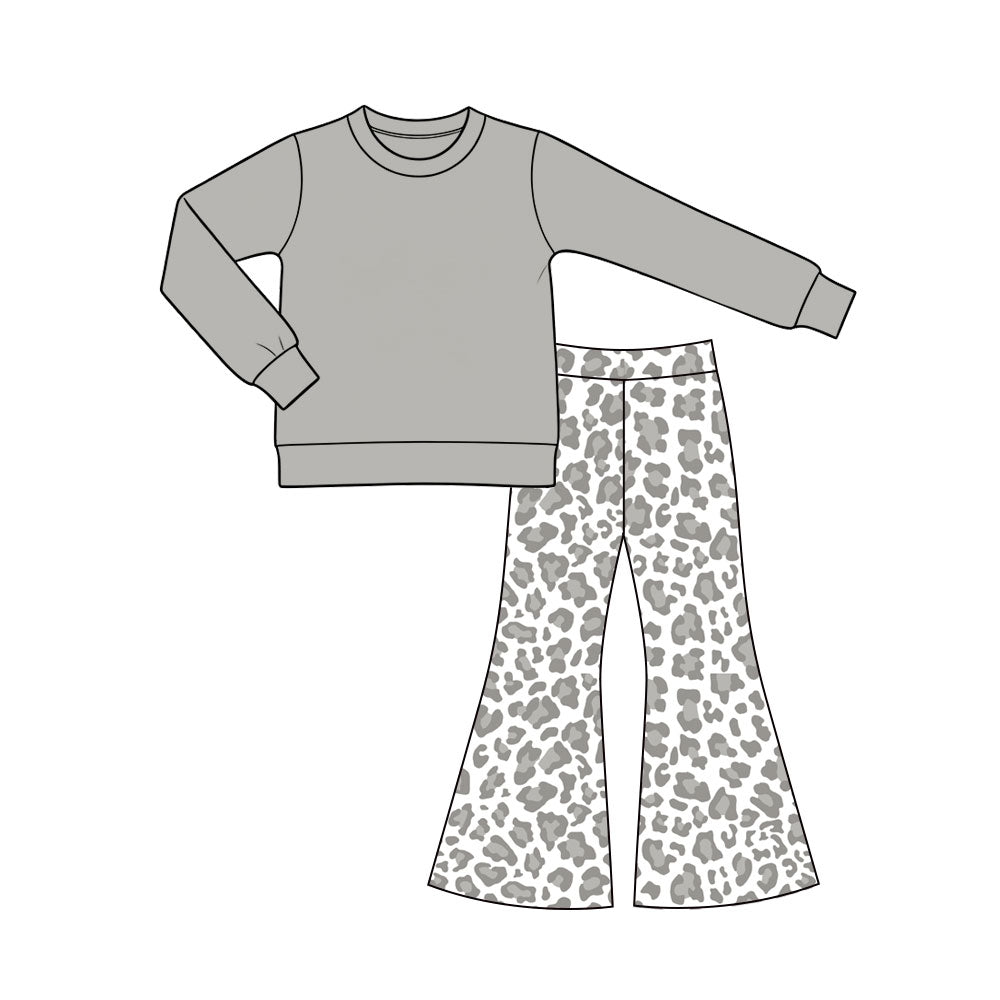 Baby Girls Grey Long Sleeve Top Leopard Flare Pant Clothes Sets Preorder