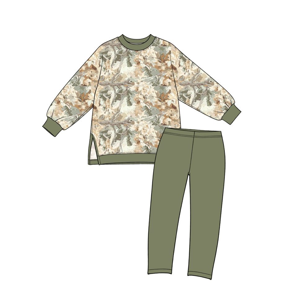 Preorder moq 5 Baby Girls Green Leaves Camo Top Leggings Yoga Active Clothes Sets