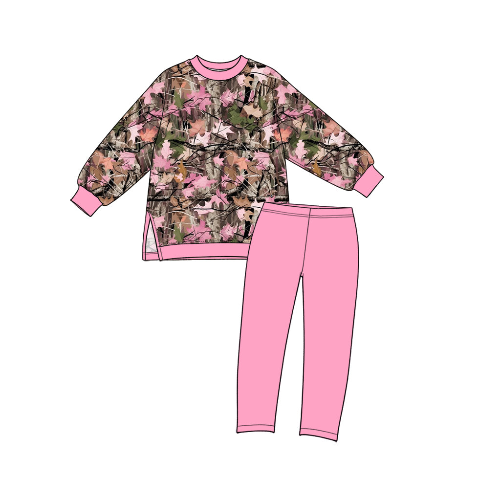 Preorder moq 5 Baby Girls Pink Brown Leaves Camo Top Leggings Yoga Active Clothes Sets