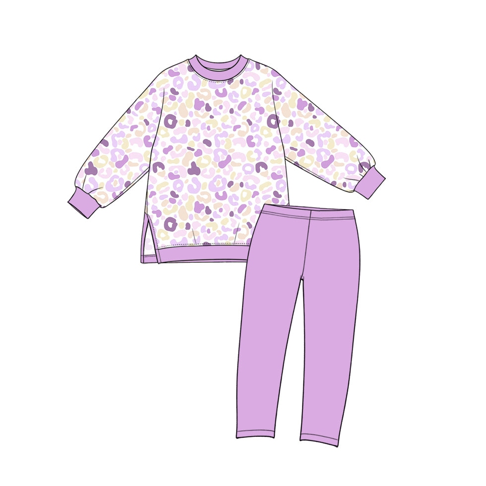 Preorder moq 5 Baby Girls Lavender Leopard Top Leggings Yoga Active Clothes Sets