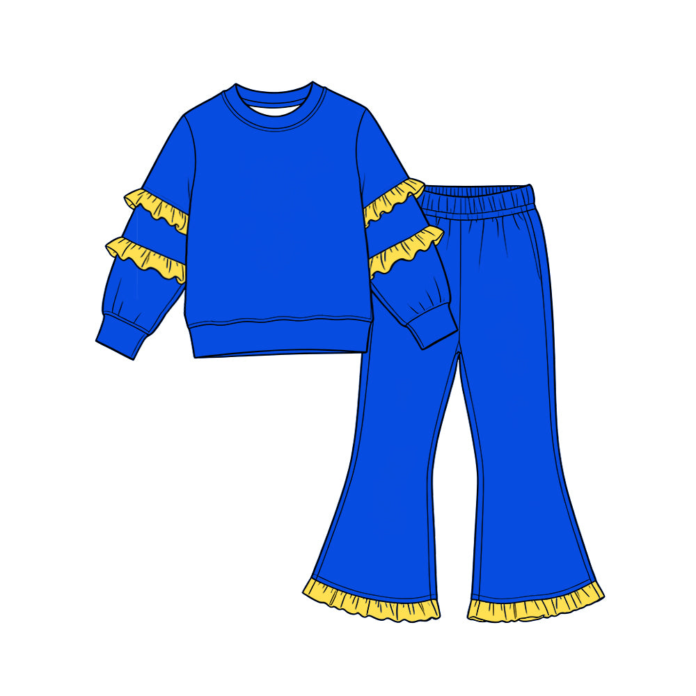 Preorder moq 5 Baby Girls Blue Yellow Long Sleeve Top Pockets Ruffle Flare Pant Clothes Sets