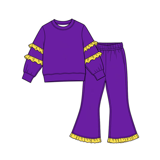 Baby Girls Purple Yellow Long Sleeve Top Pockets Ruffle Flare Pant Clothes Sets Preorder