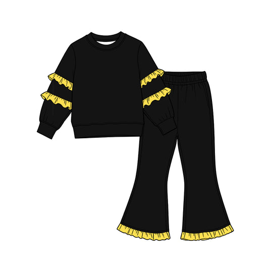 Baby Girls Black Yellow Long Sleeve Top Pockets Ruffle Flare Pant Clothes Sets Preorder