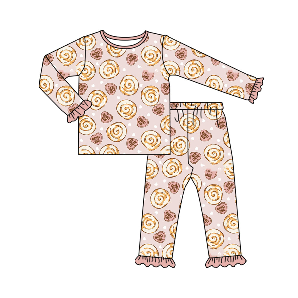 Preorder moq 5 Baby Girls Pink Hearts Donuts Top Ruffle Pant Valentines Pajamas Set