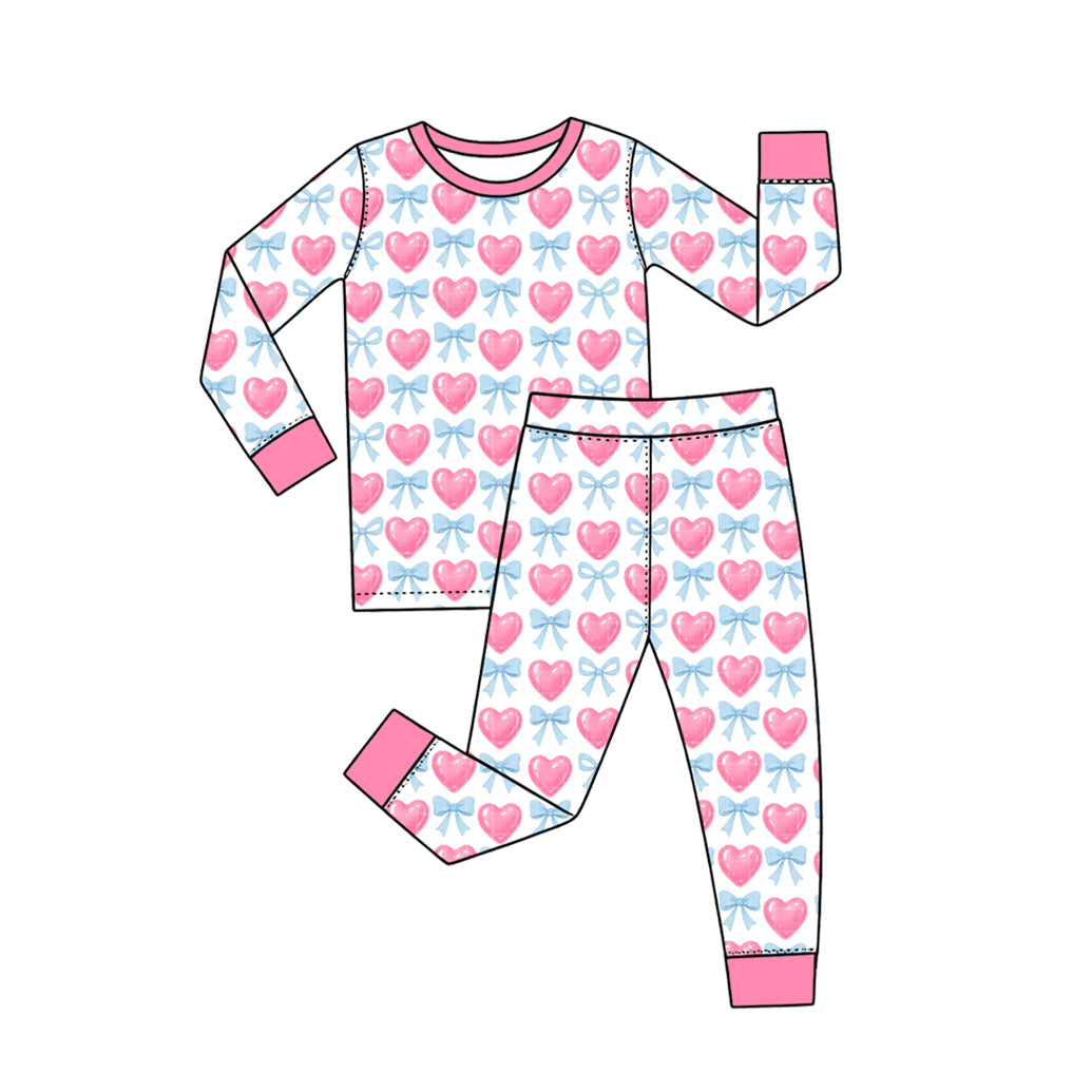 Preorder moq 5 Baby Girls Pink Blue Bows Hearts Top Pant Valentines Pajamas Set