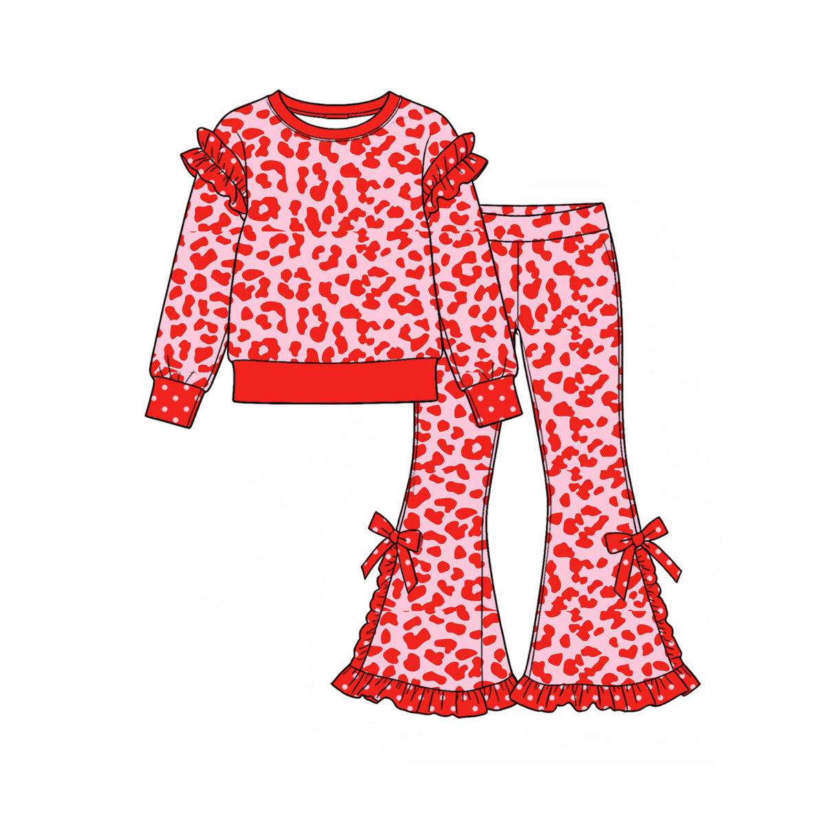 Preorder moq 5 Baby Girls Pink Leopard Top Ruffle Bows Flare Pant Valentines Clothes Set