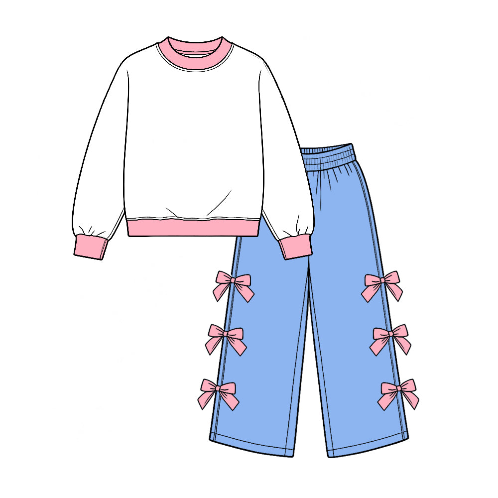 Preorder moq 5 Baby Girls Pink White Shirt Top Blue Bows Flare Pant Clothes Set