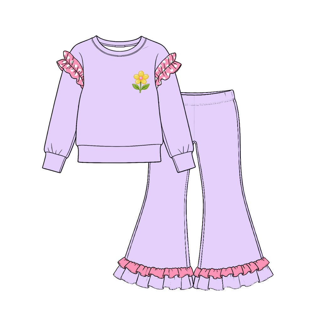 Preorder moq 5 Baby Girls Lavender Flowers Shirts Ruffle Flare Pant Cotton Clothes Set