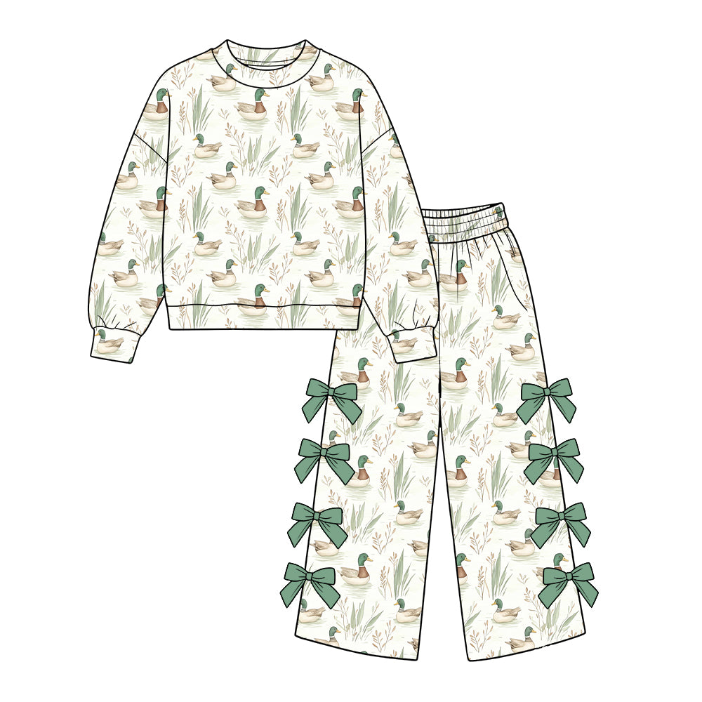 Preorder moq 5 Baby Girls Ducks Plaid Top Pockets Bows Flare Pant Hunting Clothes Set