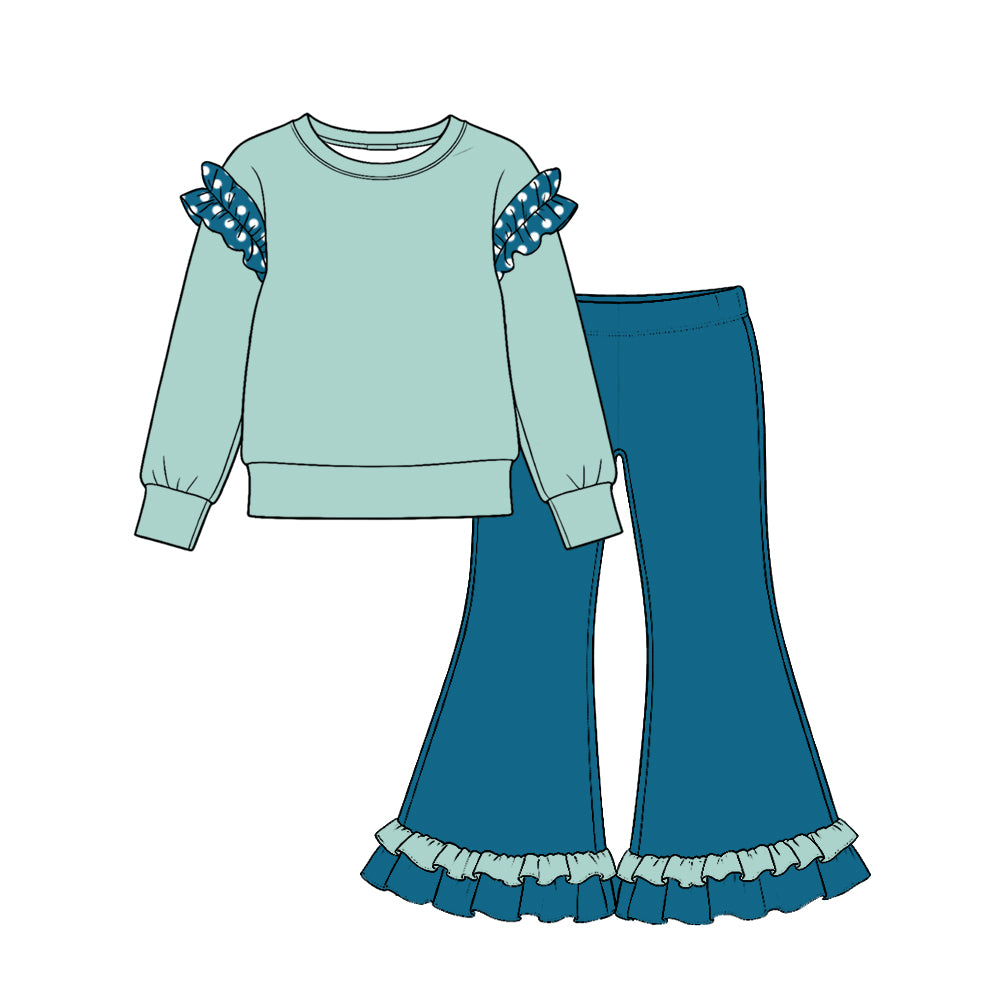 Preorder moq 5 Baby Girls Aqua Green Shirts Ruffle Flare Pant Cotton Clothes Set