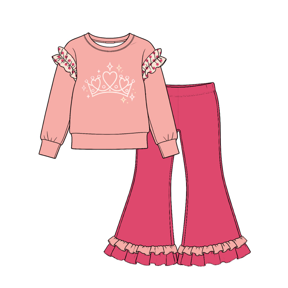 Preorder moq 5 Baby Girls Peach Pink Crown Shirts Ruffle Flare Pant Cotton Clothes Set