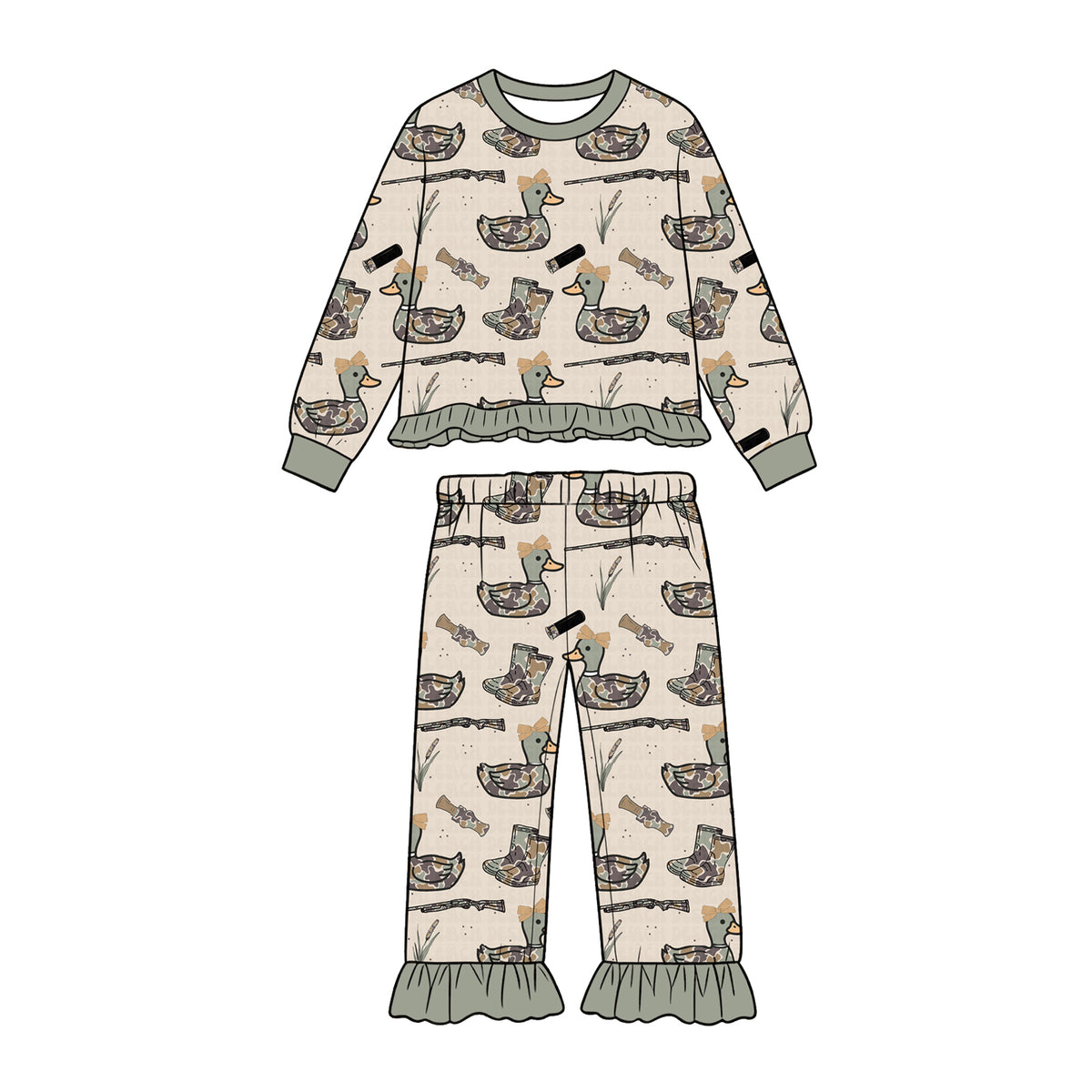 Preorder moq 5 Baby Girls Camo Ducks Calls Top Ruffle Pant Hunting Pajamas Clothes Set