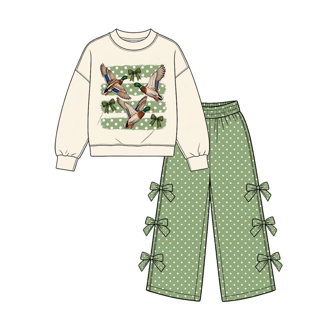 Preorder moq 5 Baby Girls Green Ducks Top Polka Dots Bows Flare Pant Hunting Clothes Set