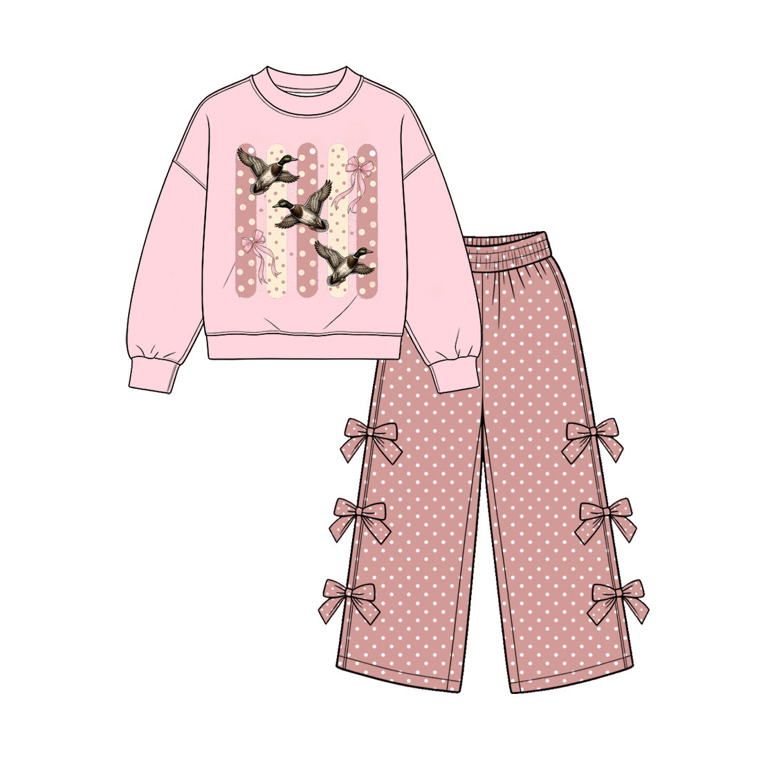 Preorder moq 5 Baby Girls Pink Ducks Top Polka Dots Bows Flare Pant Hunting Clothes Set