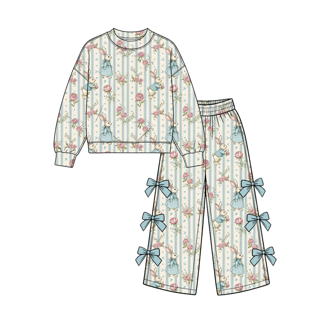 Preorder moq 5 Baby Girls Pink Rabbits Flowers Top Bows Flare Pant Easter Clothes Set