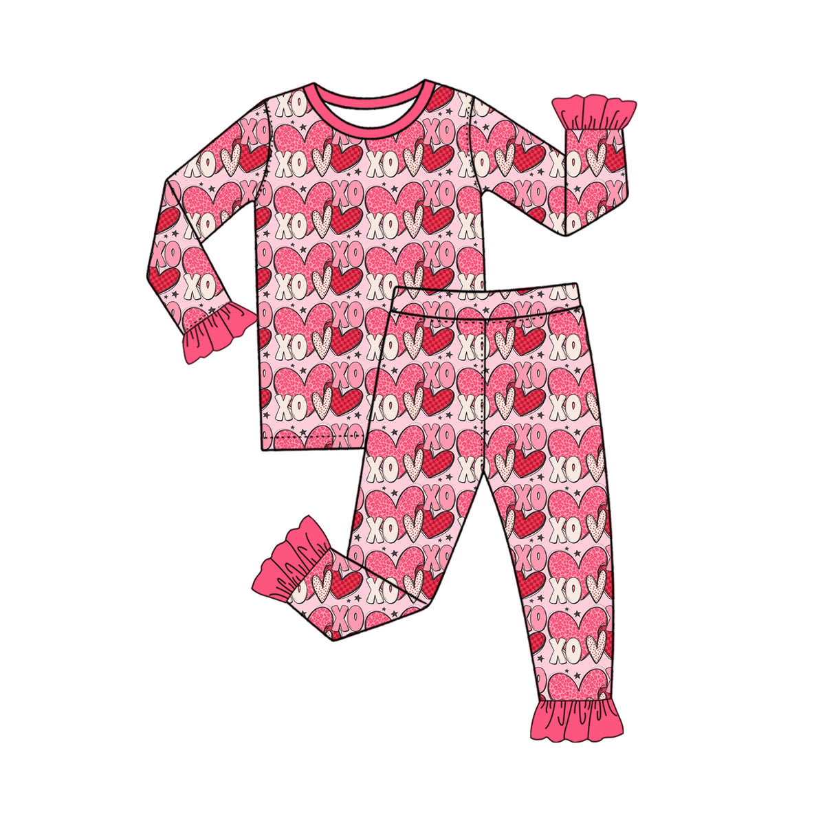 Preorder moq 5 Baby Girls Pink Hearts XOXO Top Ruffle Pant Valentines Pajamas Set