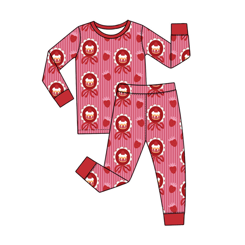 Preorder moq 5 Baby Girls Red Stripe Cakes Top Pant Birthday Pajamas Set