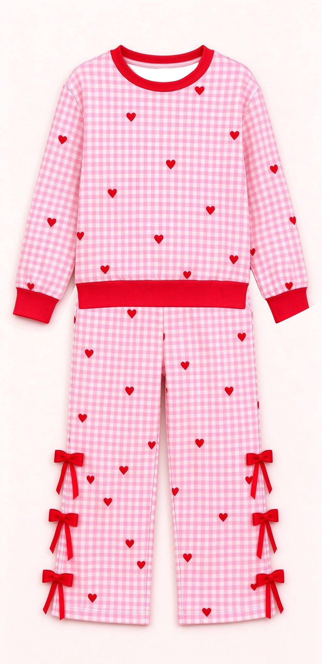 Preorder moq 5 Baby Girls Hearts Checked Top Bows Flare Pant Valentines Clothes Set
