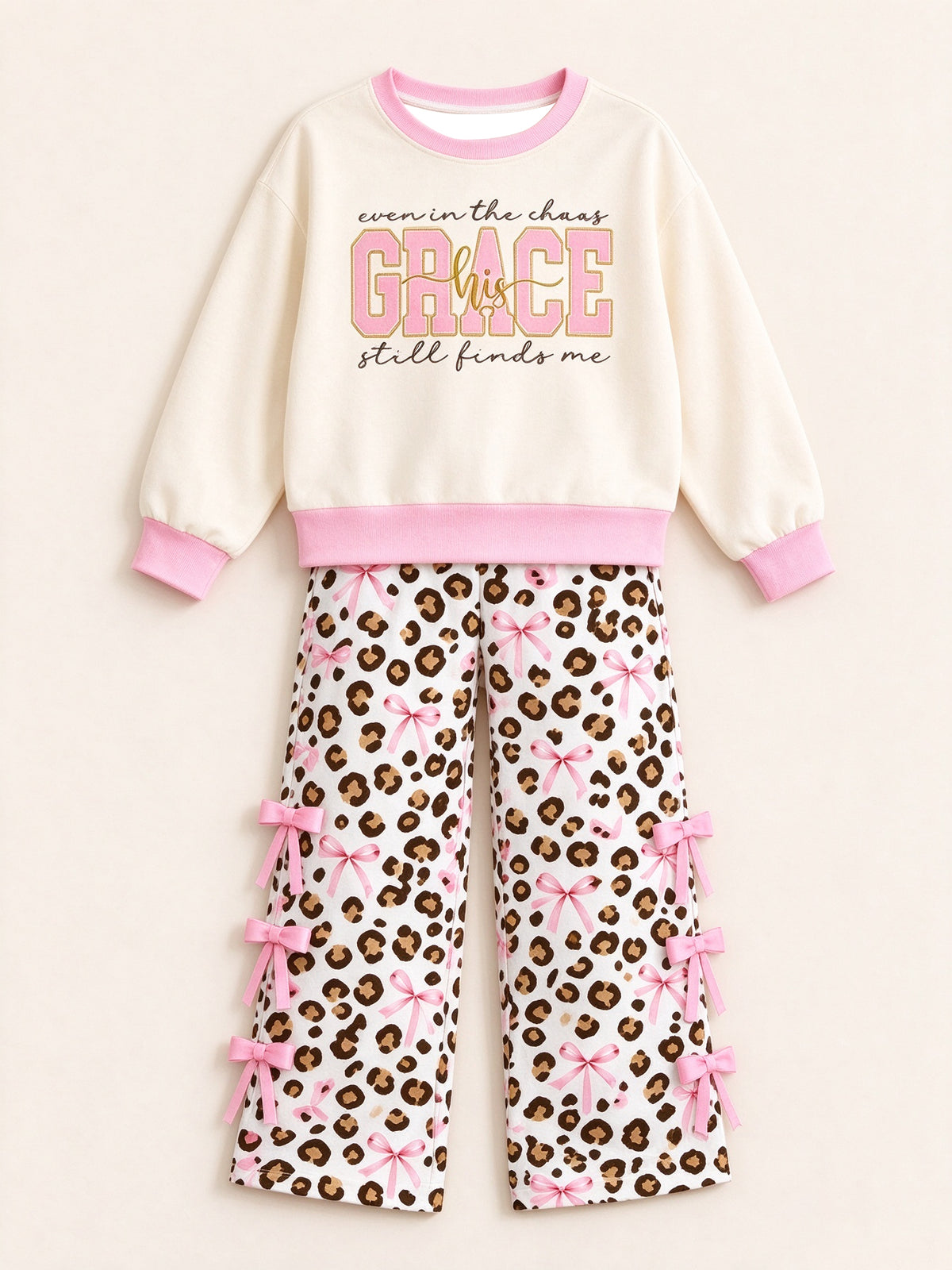 Preorder moq 5 Baby Girls Pink Bows Leopard Top Bows Flare Pant Clothes Set