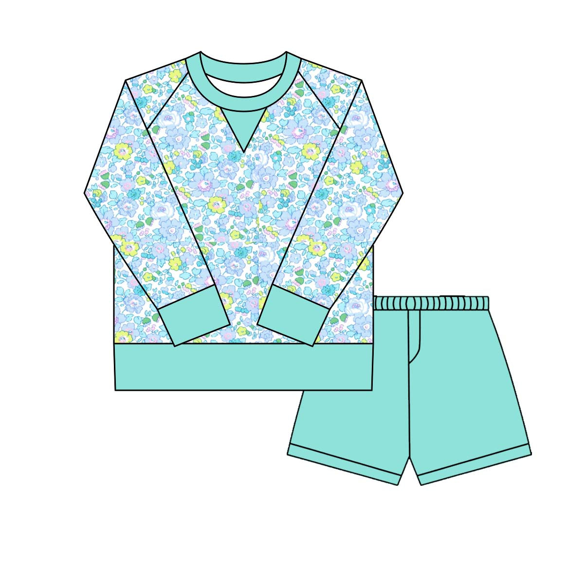 Baby Girls Green Aqua Floral Long Sleeve Top Shorts Yoga Clothes Sets Preorder