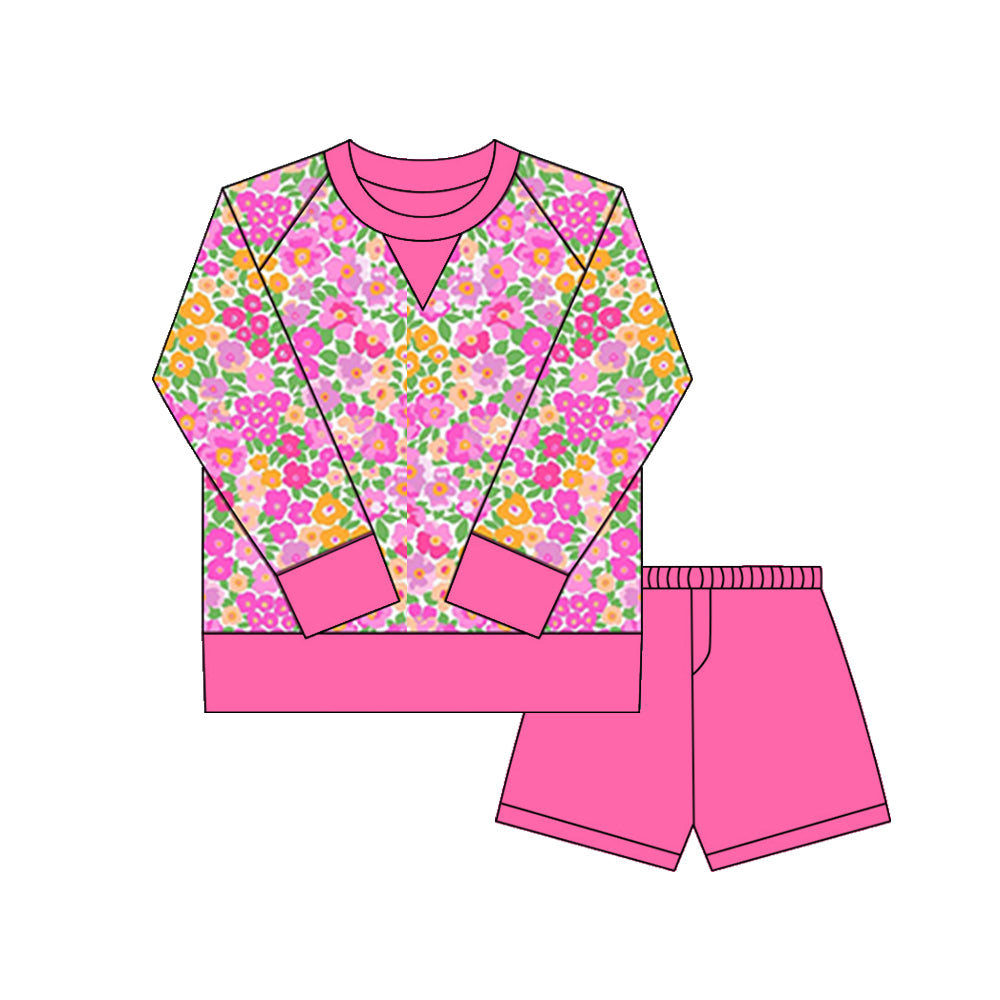 Baby Girls Orange Pink Floral Long Sleeve Top Shorts Yoga Clothes Sets Preorder