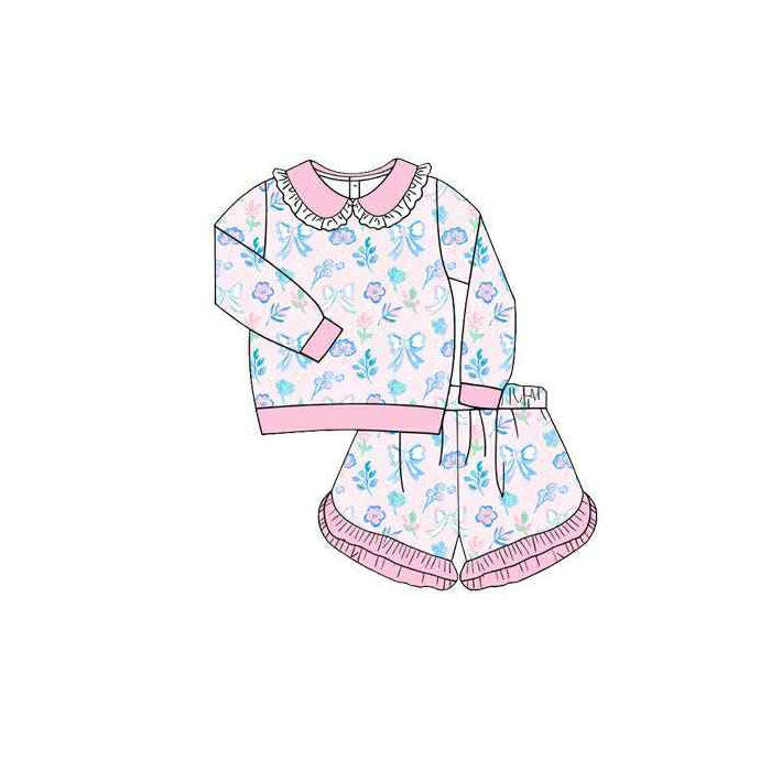 Baby Girls Long Sleeve Flowers Collar Top Ruffle Shorts Clothes Sets Preorder
