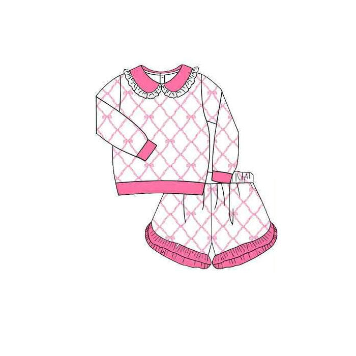 Baby Girls Long Sleeve Pink Bows Checked Top Ruffle Shorts Clothes Sets Preorder