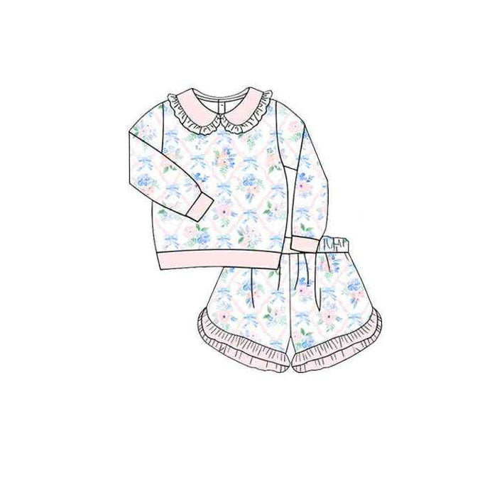 Baby Girls Long Sleeve Flowers Checked Top Ruffle Shorts Clothes Sets Preorder