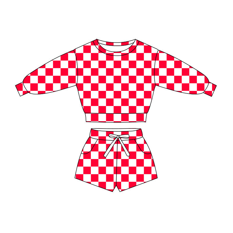 Baby Girls Long Sleeve Watermelon Red Checked Top Pockets Short Clothes Sets Preorder