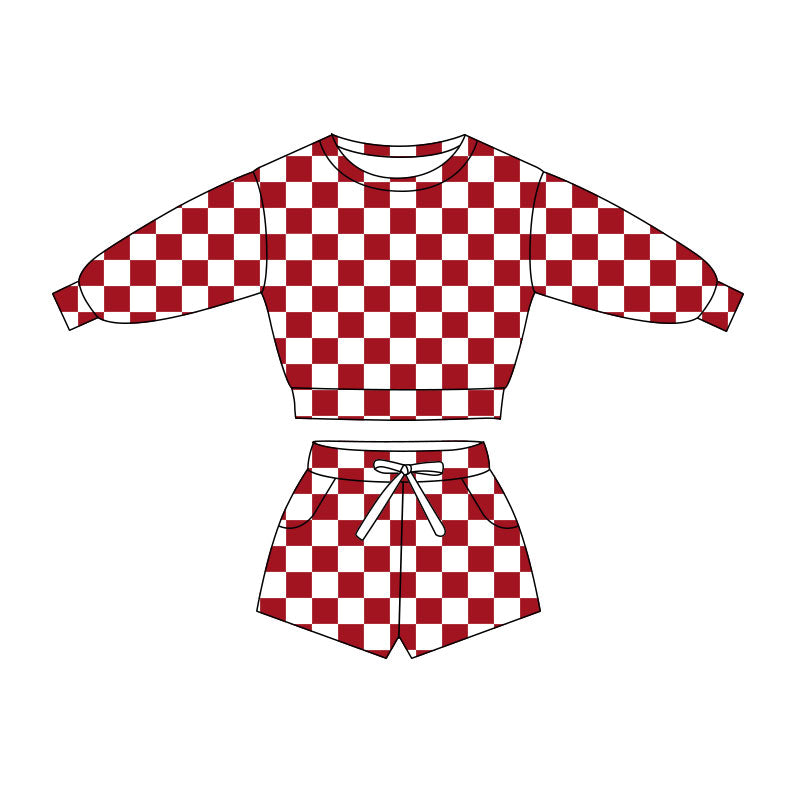 Baby Girls Long Sleeve Red Checked Top Pockets Short Clothes Sets Preorder