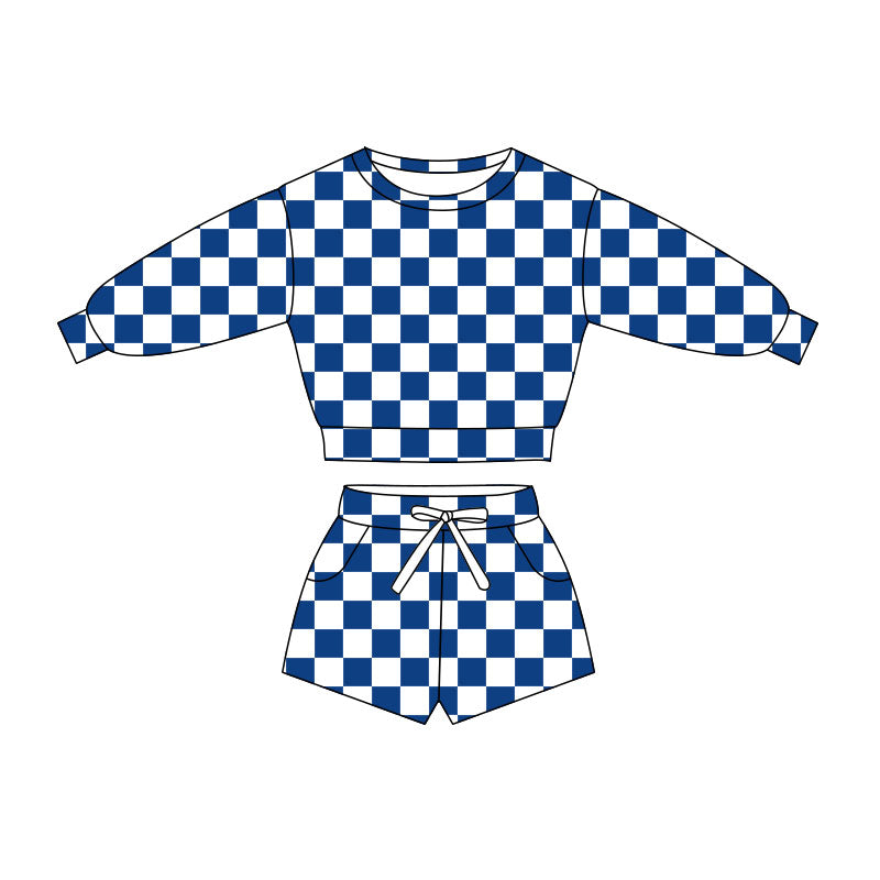 Baby Girls Long Sleeve Blue Checked Top Pockets Short Clothes Sets Preorder