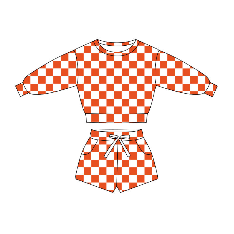 Baby Girls Long Sleeve Orange Checked Top Pockets Short Clothes Sets Preorder