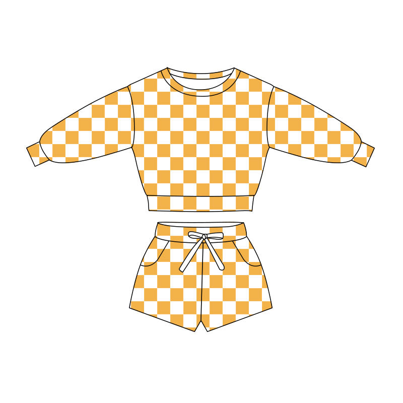 Baby Girls Long Sleeve Yellow Checked Top Pockets Short Clothes Sets Preorder