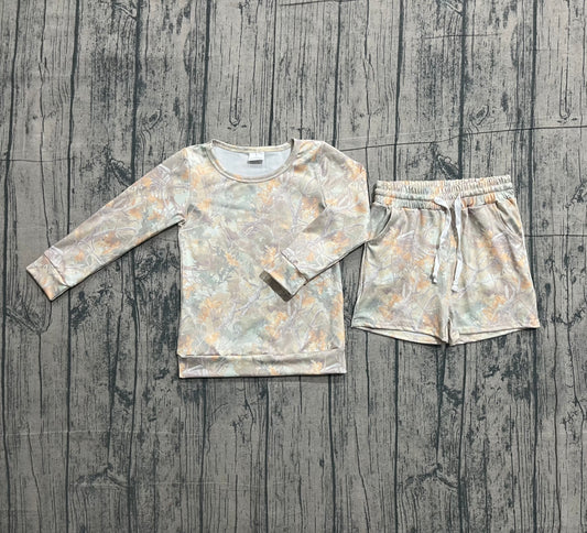 Baby Girls Southern Leaves Camo Long Sleeve Top Pockets Shorts Clothes Sets