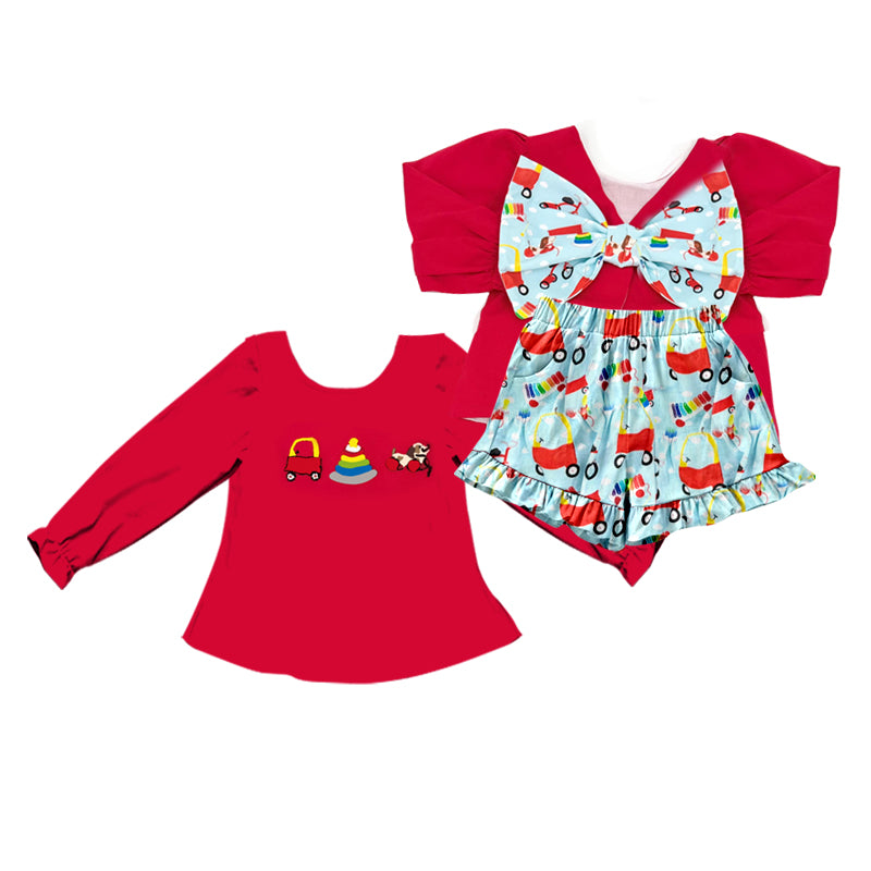 Baby Girls Red Long Sleeve Dogs Trucks Tunic Back Bows Ruffle Shorts Clothes Sets Preorder