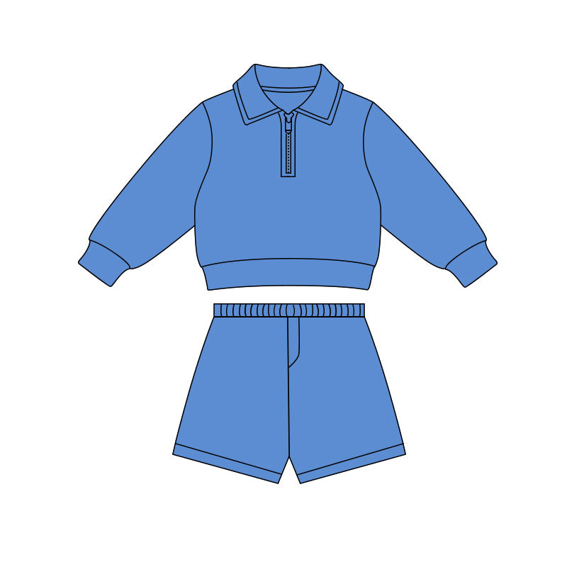 Baby Girls Blue Long Sleeve Zipper Pullovers Top Shorts Yoga Clothes Sets Preorder
