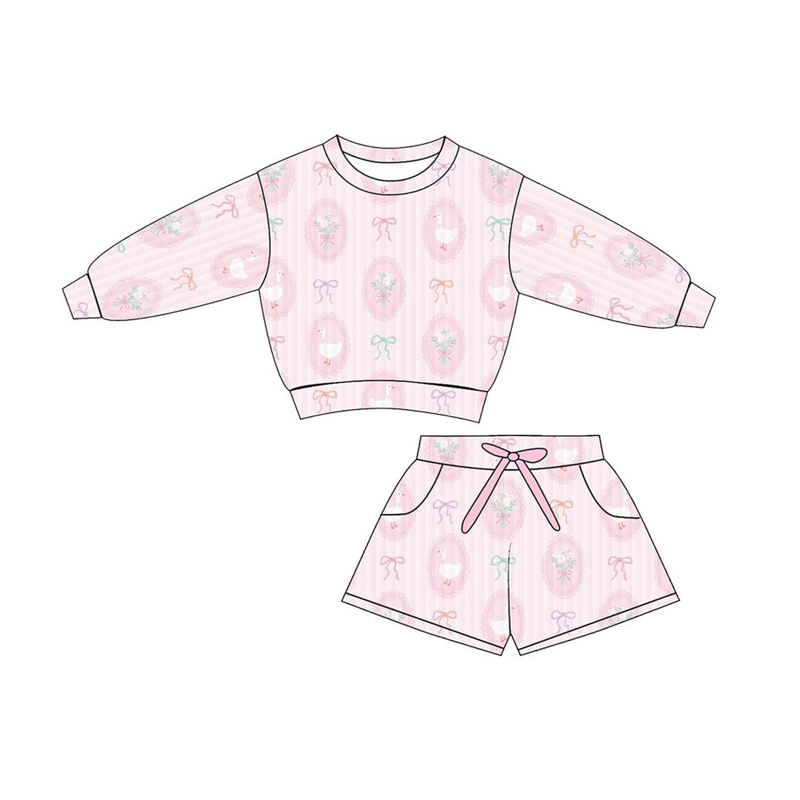 Baby Girls Bow Gooses Checked Long Sleeve Top Pockets Shorts Clothes Sets Preorder