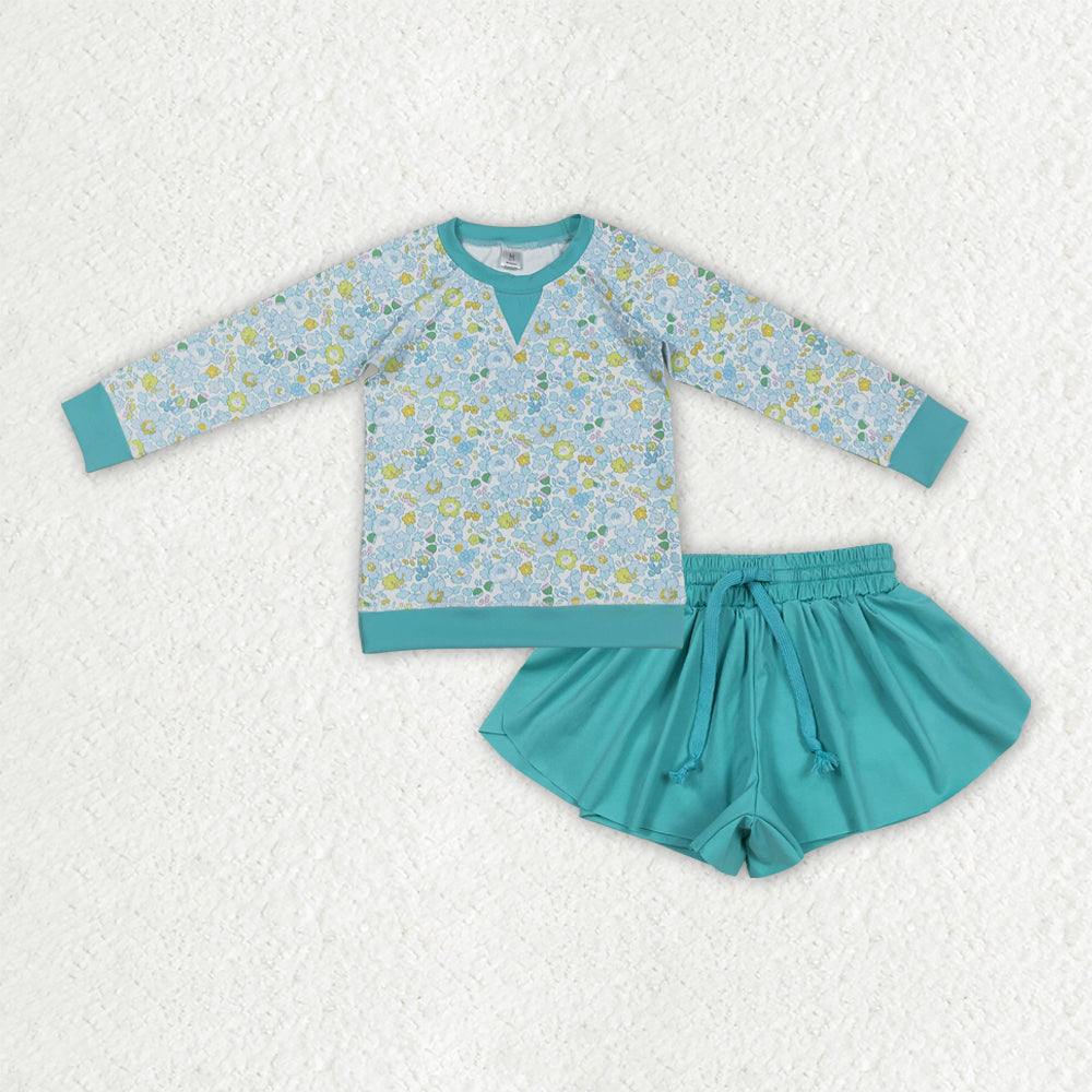 Baby Girls Colorful Floral Top Aqua Ruffle Shorts Yoga Active Clothes Sets